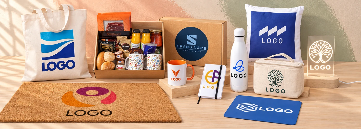 Auswahl an Firmengeschenken mit Logos: Tasche, Frühstück, Tasse, Notizbuch, Flasche und weitere Details